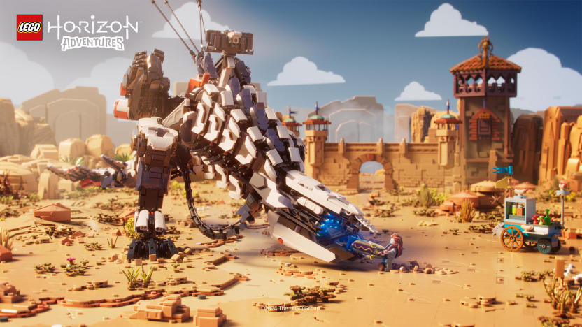 A Lego Horizon Adventures screenshot showing a Thunderjaw made of Lego.