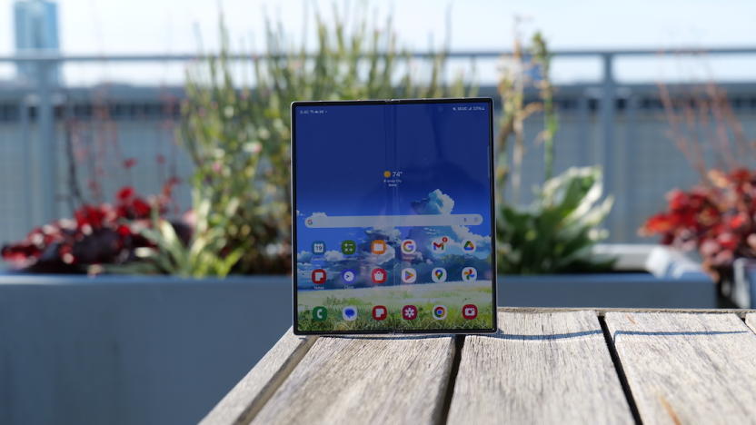 Samsung Galaxy Fold 6 open on a table outside. 