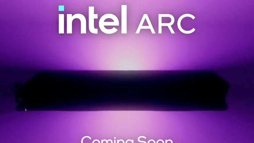 The words Intel Arc are shown above a blacked-out image of a GPU and the words Coming soon, with a purple gradient background