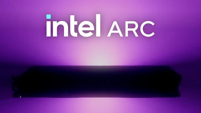 The words Intel Arc are shown above a blacked-out image of a GPU and the words Coming soon, with a purple gradient background