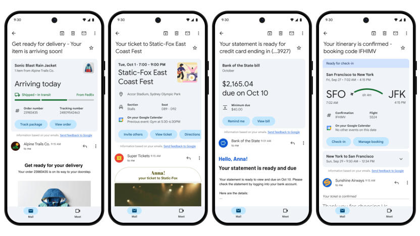 Four phone screenshots showing Gmail's new summary cards.