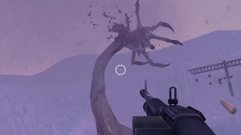 A first-person view from a helicopter of a machine gun point at a giant alien tentacle.