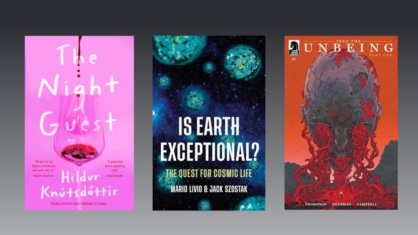 Book covers for The Night Guest, Is Earth Exceptional? The Quest for Cosmic Life, and Into the Unbeing