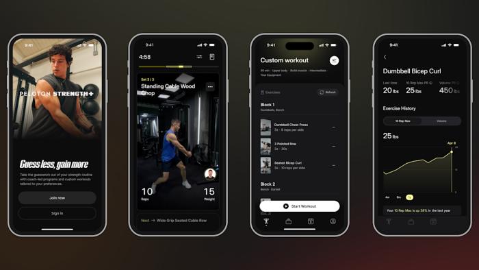 Four screenshots of the Peloton Strength+ app's main sign-up screen, a workout video, a custom workout, and a weight trend for a specific type of workout.