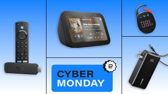 A selection of items that are on sale for Cyber Monday are arranged on an abstract blue background