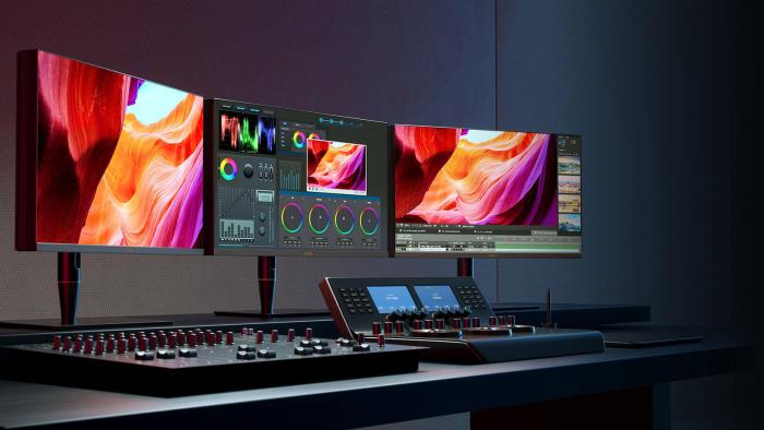 ASUS ProArt Display PA27UCX-K monitor in a video editing setup.