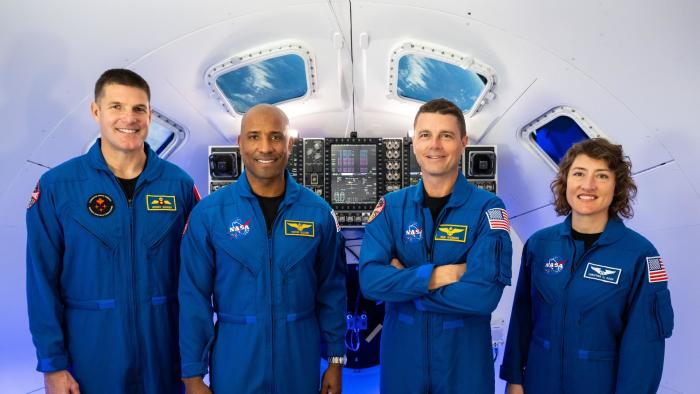 Crew for the Artemis 2 moon mission: NASA astronauts Reid Wiseman, Victor Glover, and Christina Hammock Koch, and CSA astronaut Jeremy Hansen.