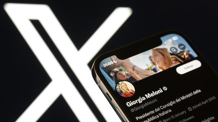 An editorial image shows an iPhone screen displaying Giorgia Meloni's personal account on the X social network platform. (Photo by Matteo Della Torre/NurPhoto via Getty Images)