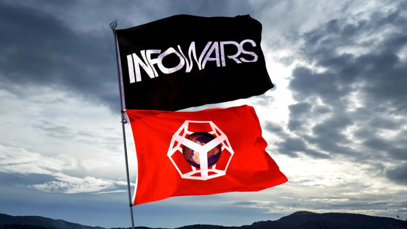 A satirical image of a black "Infowars" flag flying atop a Global Tetrahedron flag.