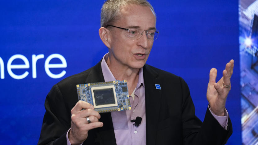 FILE - Intel CEO Pat Gelsinger speaks while holding a new chip, called Gaudi 3, during an event called AI Everywhere in New York, on Dec. 14, 2023. (AP Photo/Seth Wenig, File)