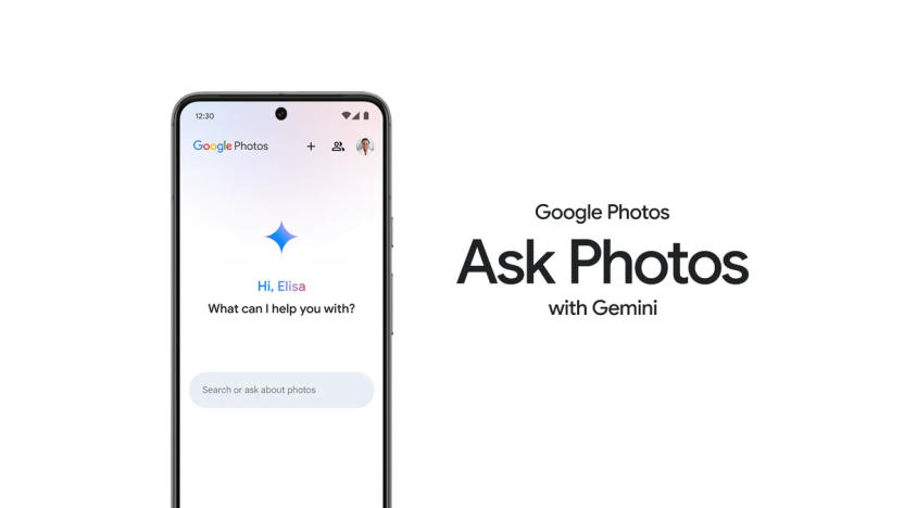 Marketing image for Google's Ask Photos feature. A phone showing the feature with the text "Google Photos Ask Photos with Gemini" to the right.