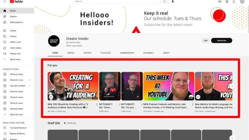 Screenshot of a new feature for YouTube that shows personalized "For You" recommendations on channel pages.