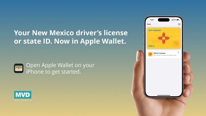 A hand holding an iPhone displaying a digital New Mexico driver's license next to text that says "Your New Mexico driver's license or state ID. Now in Apple Wallet."