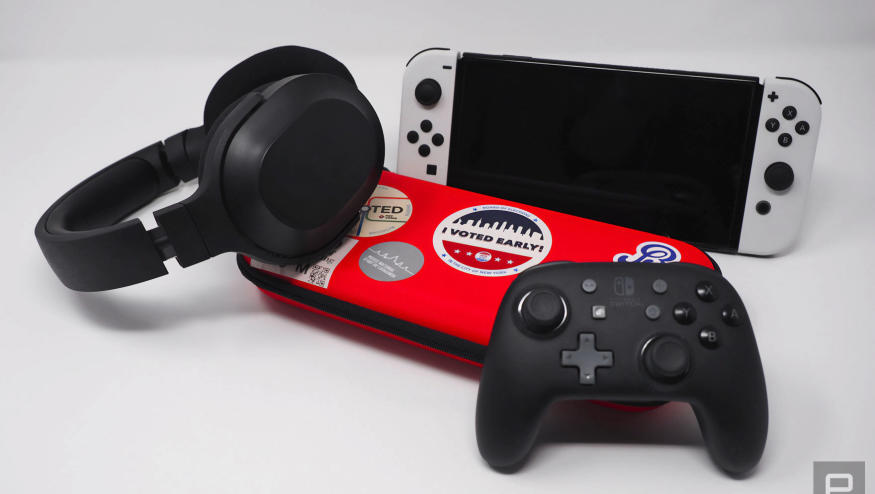 A selection of Nintendo Switch OLED accessories gathered against a white background.