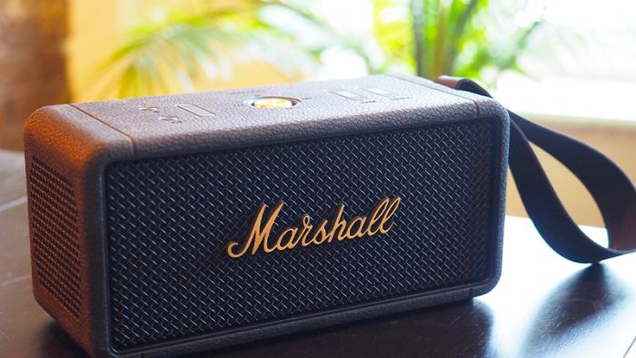 The Marshall Middleton speaker with its classic logo'd front grille and soft touch black exterior.