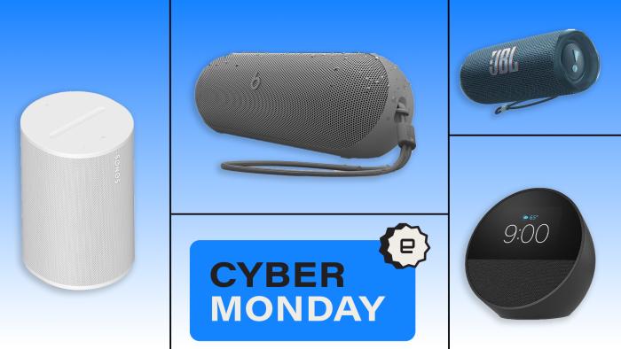 An array of four speakers that are on sale for Cyber Monday