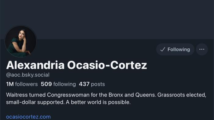 Screenshot of the Bluesky profile page for Congresswoman Alexandria Ocasio-Cortez.