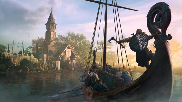 A still from Assassins Creed Valhalla showing a Viking boat floating past a church 