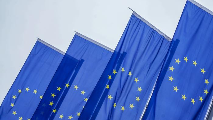 Flags of the European Union (EU) in Frankfurt, Germany. Photographer: Andreas Arnold/Bloomberg