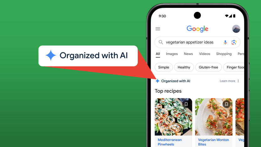 Screenshot of an Android phone showing Google AI-organized search results. A bubble extends out from the phone, highlighting the part that says, "Organized with AI." Green background.