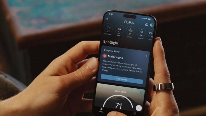 Oura Symptom Radar feature on a smartphone, indicating that a user's biometrics are showing major signs of something straining their body, such as a cold or flu.