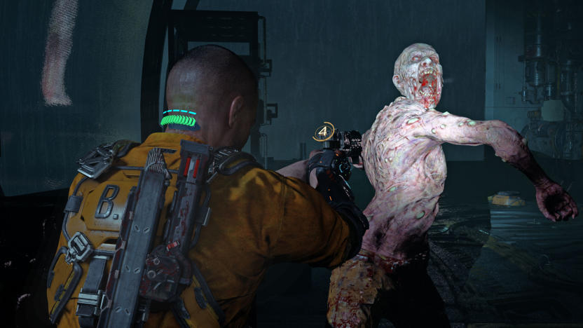 A still image from the video game 'The Callisto Protocol' showing a man aiming his weapon at a zombie-like creature, caught in the gun sights spotlight.