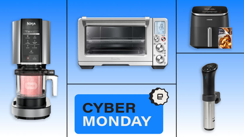 A grid of kitchen appliances on sale for Cyber monday are arranged on a blue background. 