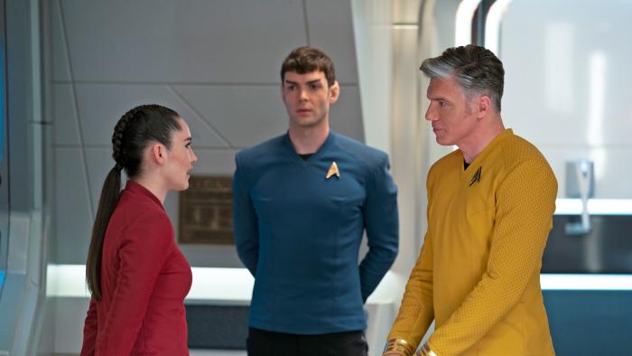 Christina Chong as La'an, Ethan Peck as Spock, and Anson Mount as Pike of the Paramount+ original series STAR TREK: STRANGE NEW WORLDS. 