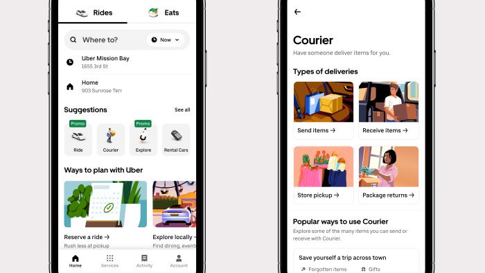 Two phone screenshots showing the Uber app’s Courier section for local deliveries.