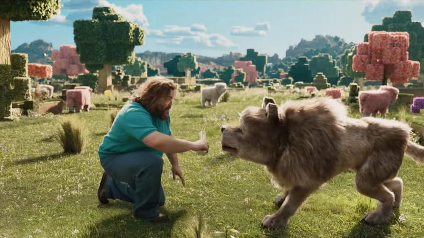 Still from A Minecraft Move trailer of Jack Black and a wolf