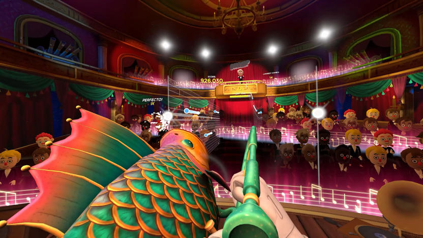 A person is playing a trombone on stage in front of a virtual audience in a first-person perspective. The trombone is shaped like a fish. Musical notes are super imposed on the screen.