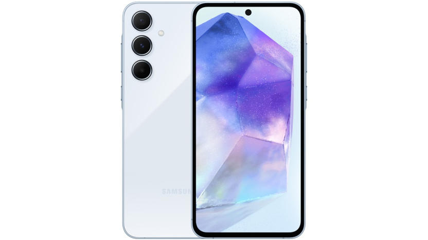 Press image of the midrange Samsung Galaxy A55 smartphone. The phone shows its front (with purple / blue wallpaper) and part of its back directly behind it. White background.