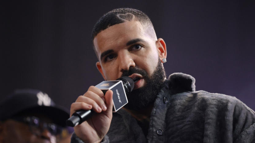 LONG BEACH, CALIFORNIA - OCTOBER 30: Drake speaks  onstage during Drake's Till Death Do Us Part rap battle on October 30, 2021 in Long Beach, California. (Photo by Amy Sussman/Getty Images)