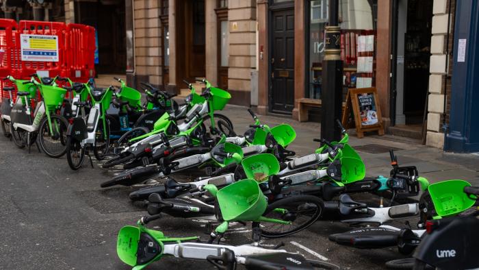 LONDON, ENGLAND - MARCH 27: Lime bikes lay in the road on March 27, 2024 in London, United Kingdom. (Photo by Carl Court/Getty Images)