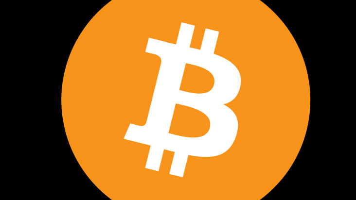 A Bitcoin logo in an orange circle against a black background.