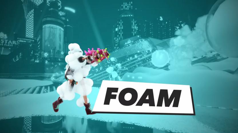 Still from a Foamstars gameplay trailer, showing a character covered in foam. The word "FOAM" is overlaid.