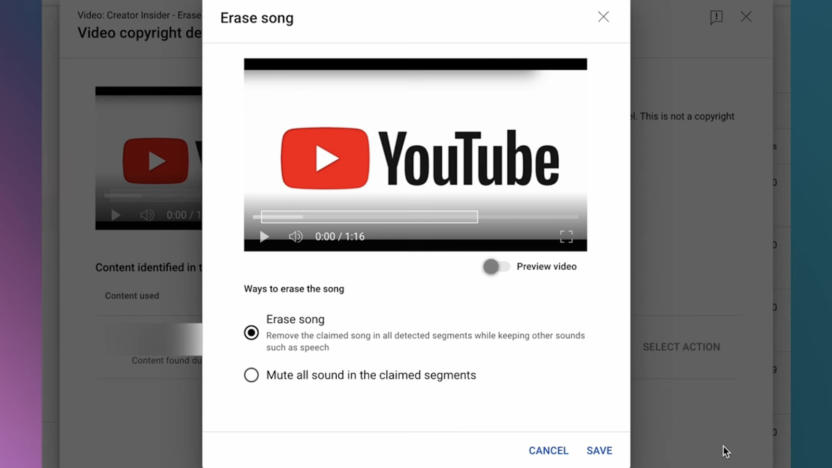 A screenshot of YouTube's erase song feature.