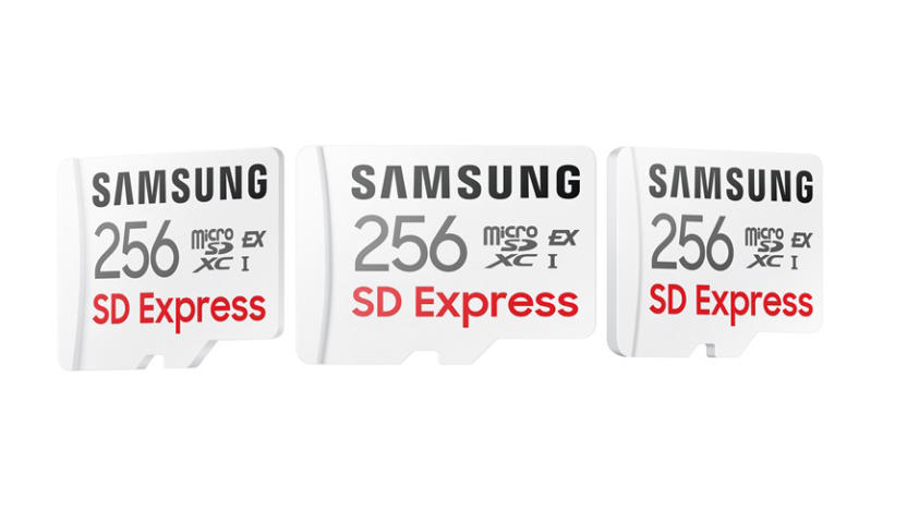 Product image for a new Samsung 256GB microSD card with SD Express speeds. Three of the cards sit side-by-side against a white background.