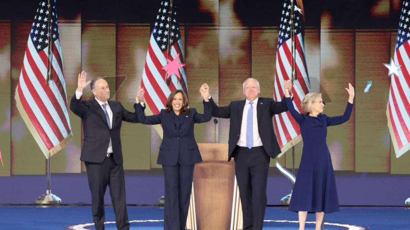 CHICAGO, IL AUGUST 22, 2024 - Second Gentleman Doug Emhoff, from left, Vice President Kamala Harris, Tim Walz, governor of Minnesota and Democratic vice-presidential nominee, and Gwen Walz, wife of Tim Walz, during the Democratic National Convention Thursday, Aug. 22, 2024, in Chicago, IL. (Myung J. Chun/Los Angeles Times via Getty Images)