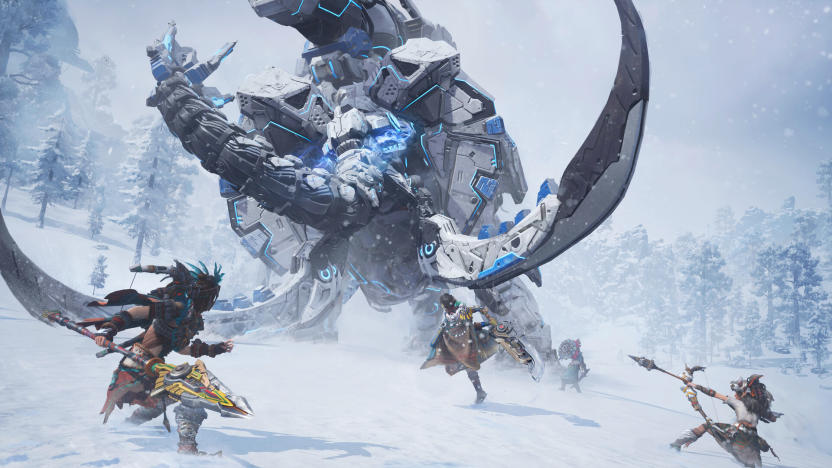 Three humans in primitive clothing use spears and a bow and arrow against a giant robotic mammoth.